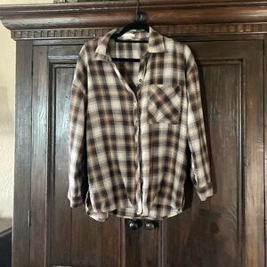 Plaid Button-Up Shirt in Brown and Cream